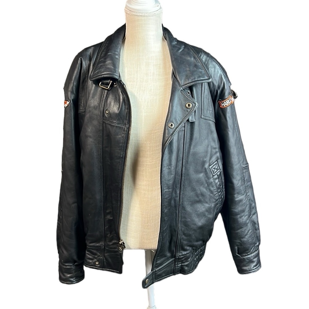 Durkees Express Zip Up Motorcycle Leather Jacket Black Harley Patches Womens L